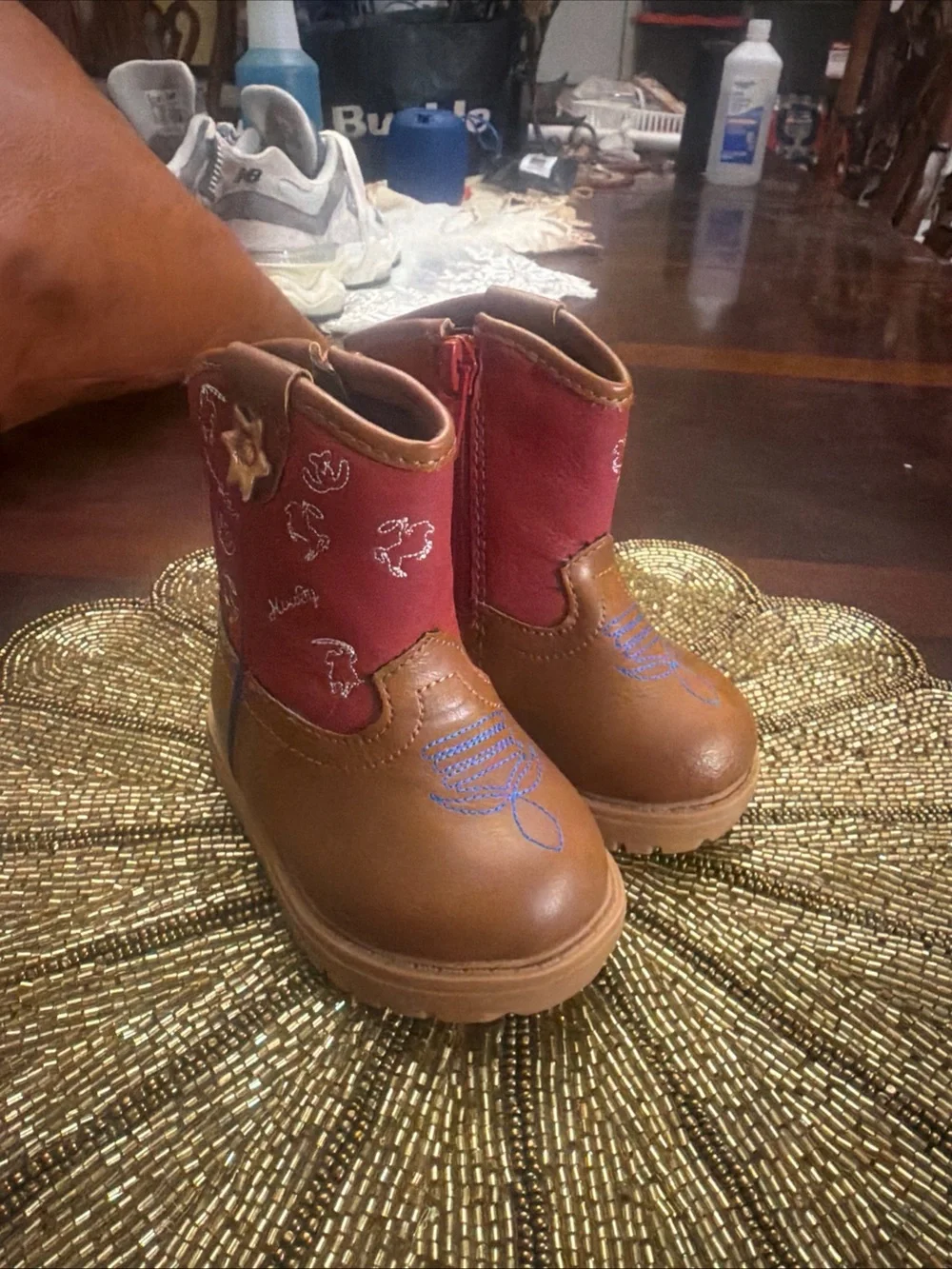 Toddler Brown and Red Cowboy Boots with Embroidered Accents